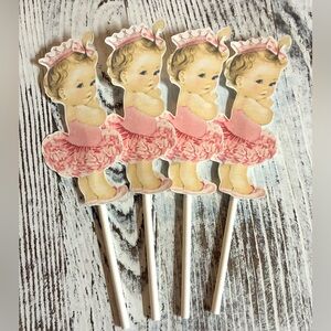 Vintage Baby Girl baby shower cupcake toppers Shabby Chic Pink Tutu party 12pcs